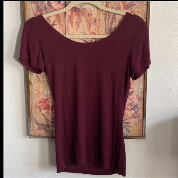 AMERICAN DREAM STRETCH OXBLOOD RED BODYCON TOP SCOOP NECK TOP SHORT SLEEVES - Picture 3 of 5
